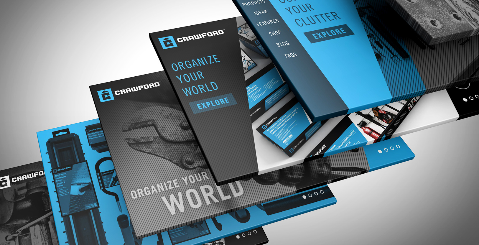 crawford-rebrand-identity-app-screen-page-layout-digital-ads-website-graphics-industrial-bold-black-and-blue-cyan-modern-clean-design-retail-graphics-packaging
